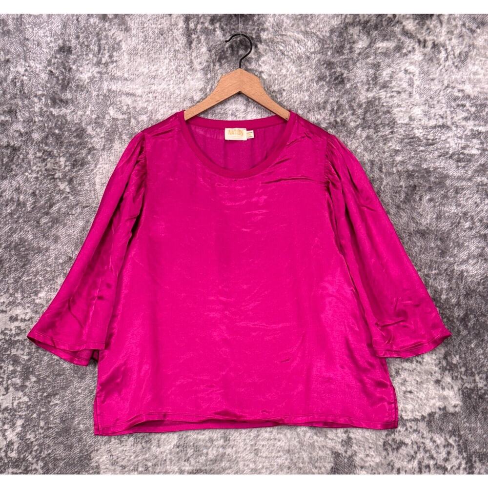 Nation LTD Top XXL Womens Pink Satin Crewneck Flutter Sleeve